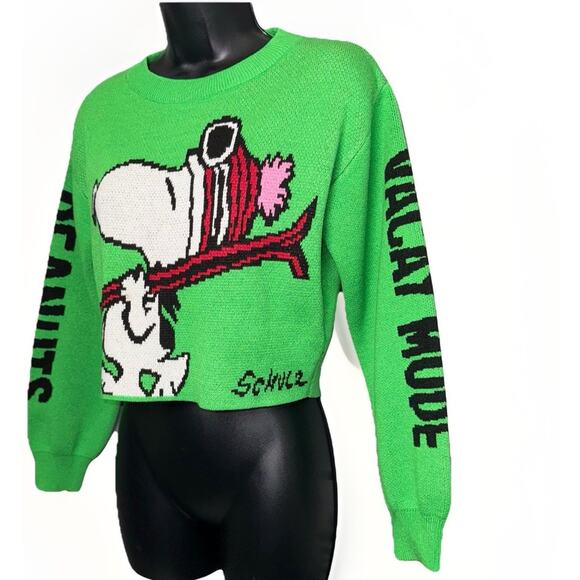 H&M Peanuts Ski Snoopy Women 12 Boxy Crop Jacquard Knit Sweater Green Schultz - Picture 2 of 8